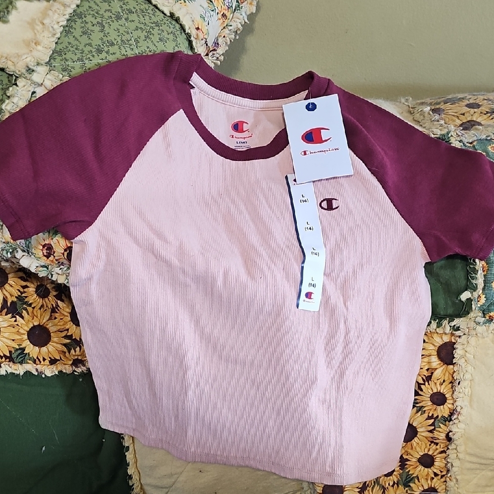 Champion Kids' Short Sleeve Pink and Maroon Tee Size L(14)